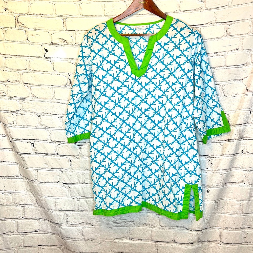 Top It Off Blue White Green Swimsuit Cover-Up Size Medium